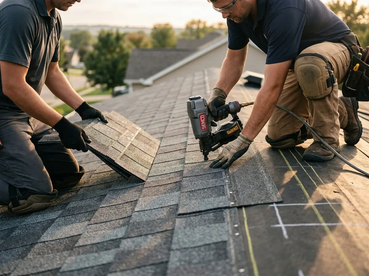 Professional roofer working on a residential roof in Ferry Pass